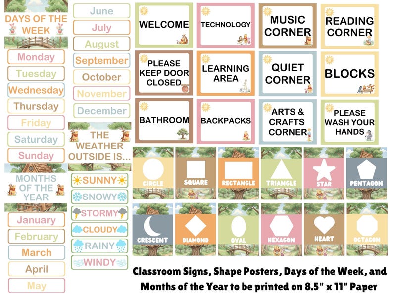 May include: A collection of printable classroom signs, shape posters, days of the week, and months of the year featuring Winnie the Pooh illustrations. The set includes labels for areas like Music Corner and Reading Corner, plus weather and shape charts.