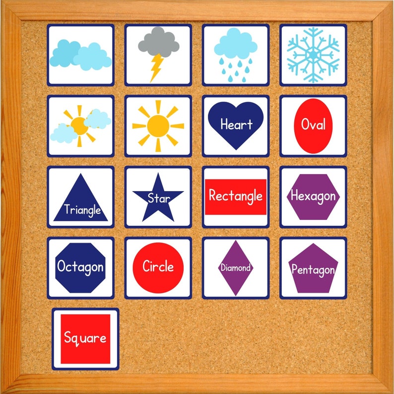 K&ouml;nnte beinhalten: Eine Korktafel mit verschiedenen Formen und Wetter-Icons. Die Formen umfassen ein Herz, ein Oval, ein Dreieck, einen Stern, ein Rechteck, ein Sechseck, ein Achteck, einen Kreis, eine Raute, ein F&uuml;nfeck und ein Quadrat. Die Wetter-Icons umfassen einen bew&ouml;lkten Himmel, einen Blitz, eine Regenwolke und eine Schneeflocke.