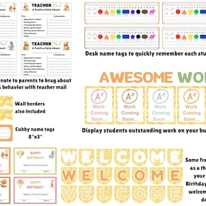 May include: A collection of classroom printable resources including teacher mail notes, desk name tags with numbers and shapes, honeycomb wall borders, cubby name tags measuring 8 inches by 3 inches, birthday certificates, and a welcome banner.