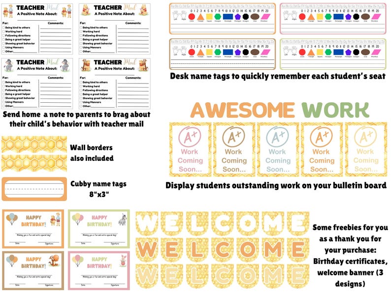 May include: A collection of classroom printable resources including teacher mail notes, desk name tags with numbers and shapes, honeycomb wall borders, cubby name tags measuring 8 inches by 3 inches, birthday certificates, and a welcome banner.