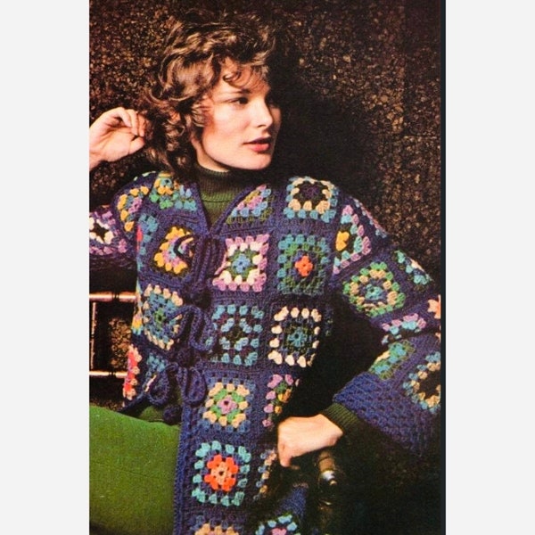 Easy Vintage Crochet Pattern Classic Retro Granny Square Cardigan Sweater Blue Jacket PDF Instant Digital Download