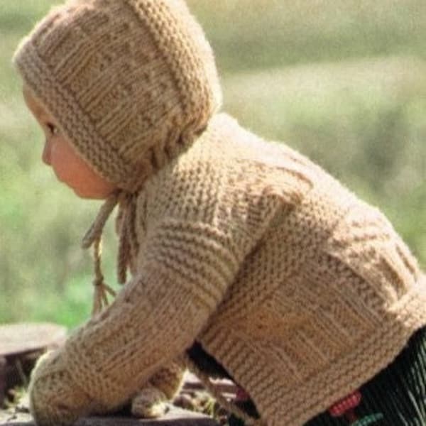 Vintage Baby Knitting Pattern Unisex Hooded Fisherman Cardigan Sweater with Matching Mittens PDF Instant Digital Download 3 6 12 18 months