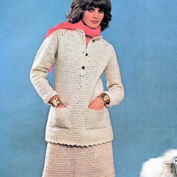 Vintage Crochet Pattern Women's Pocket Tunic Pullover Sweater and Skirt Suit Set PDF Instant Digital Download