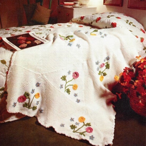 Vintage Knitting Pattern Embroidered Knitted Throw Afghan Blanket PDF Instant Digital Download Bed Cover Coverlet