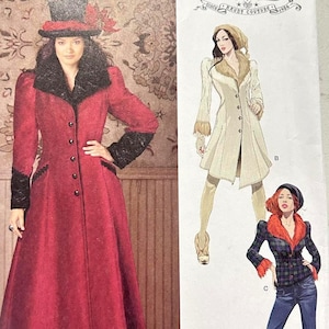 May include: A vintage sewing pattern featuring a long red coat with black trim and buttons, a top hat, and illustrations of other coat designs. The pattern is for Haunt Couture designs.