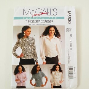 May include: McCall's Classic Fit sewing pattern for The Perfect Fit Blouse. The pattern includes multiple blouse styles, with sizes FF (16-18-20-22). The package features images of the finished blouses, showcasing various designs and details.