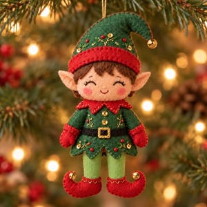 May include: A felt elf Christmas ornament featuring a green hat with red trim, a green tunic with a black belt and gold buckle, and red curled shoes. The design includes embroidered floral details, small gold sequins, and red berries.