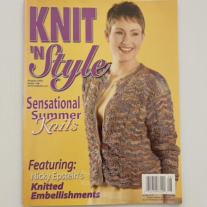 May include: A magazine cover titled "KNIT 'N Style" with a woman wearing a brown and purple knitted cardigan. The cover features the text "Sensational Summer Knits" and "Nicky Epstein's Knitted Embellishments."