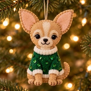 May include: A felt chihuahua ornament featuring a tan dog with large ears, wearing a dark green sweater adorned with small, shiny green sequins and white trim. The ornament is suspended by a gold string and has visible blanket stitching.