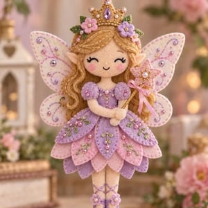May include: A felt fairy ornament featuring a blonde doll with a gold crown, purple and pink petal skirt, and wings. The fairy holds a star-shaped wand and wears ballet slippers. The design includes embroidered floral details and small beads.