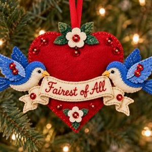 May include: A red felt heart ornament featuring two blue birds with white bellies holding a cream-colored banner that reads Fairest of All in red script. The design includes white flowers with red centers, green leaves, and red sequins.