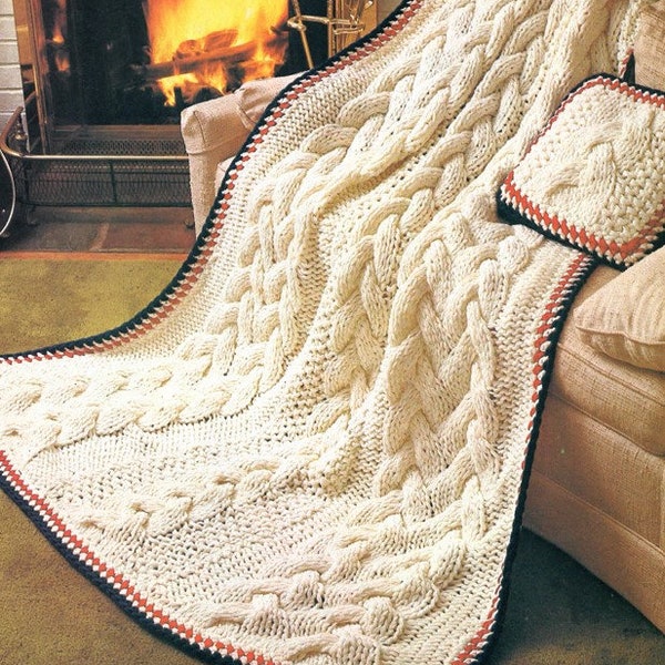 Vintage Knitting Blanket Pattern Cable Knit Afghan and Pillow Set Country Farmhouse Cozy Throw PDF Instant Digital Download Home Decor