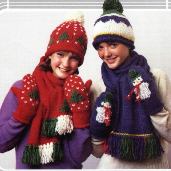 Vintage Knitting Pattern Christmas Tree and Snowman Scarf Mittens and Beanie Cloche Hat Set LOPI Wool  PDF Instant Digital Download