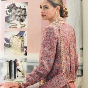 May include: An image of a woman wearing a pink tweed jacket with a gold chain strap. The image also shows three different purses: a black and white houndstooth purse, a gold metallic purse, and a striped purse.