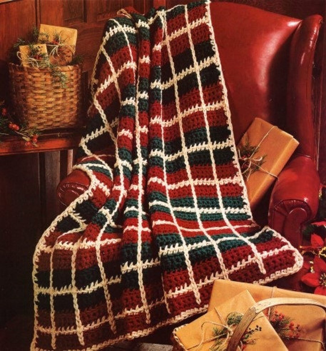 Vintage Afghan Crochet Pattern Christmas Plaid Blanket Yuletide Throw