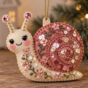 Könnte beinhalten: Ein Schnecken-Anhänger aus Filz mit cremefarbenem Körper, rosa Wangen und einem spiralförmigen Gehäuse in Altrosa. Das Design ist mit grünen Stickereien, kleinen rosa Stoffblumen sowie glitzernden goldenen und silbernen Pailletten verziert.