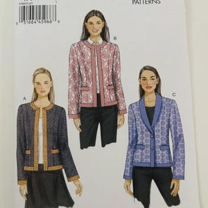 May include: Image of three women modeling different jacket styles. The jackets are in various colors and patterns, including a navy blue jacket with gold trim, a pink floral jacket, and a blue floral jacket. The image is a pattern for sewing.