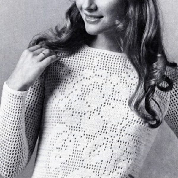 Vintage Filet Crochet Pattern Rose Openwork Blouse Pullover Summer Sweater Top PDF Instant Digital Download