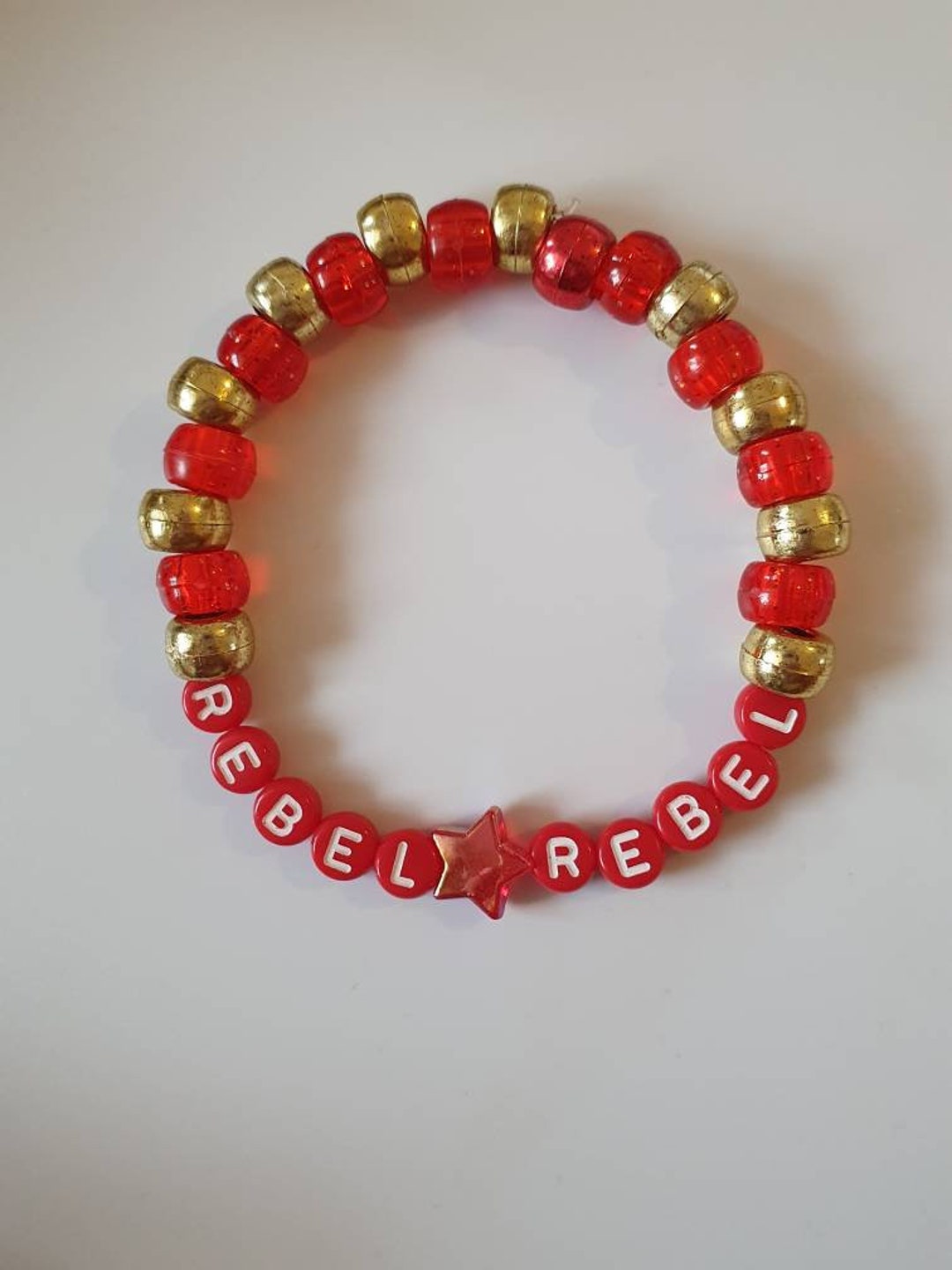 Handmade Red and gold beaded David Bowie music &#39;Rebel Rebel&#39; Bracelet. Ziggy, Hot Tramp, Stardust, Aladdin Sane gift.