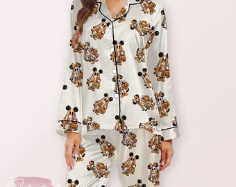 Retro Halloween-pyjama met muizenpaar – vintage spookachtige satijnen nachtkleding met pompoen- en spookprint