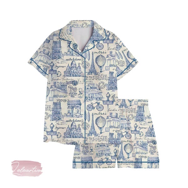 Vintage Merci-set Parijs | Zijdezachte satijnen pyjamaset voor dames | Franse toiletkleding | Blauwe loungeset met Parijse print | Cadeau voor francofielen