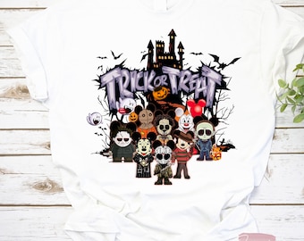 Chibi Horror Movie Character Trick Or Treat Happy Halloween T-shirt, Halloween Shirt, Horror Character Shirt