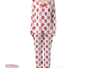 Conjunto de mermelada de fresa: bonito pijama de verano con estampado de fresas rosas y rojas, top de manga corta con botones y pantalones cortos, ropa de dormir suave para mujer.