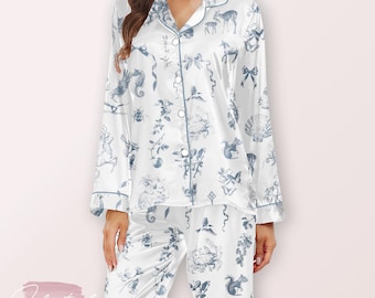 Pijama de animales Toile de Jouy: conjunto de satén de manga larga y pantalón, ropa de dormir con estampado vintage para mujer, un regalo elegante.