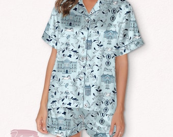 Pride & Prejudice-set – Jane Austen-pyjama met regentschapshuizen, silhouetten en theekopjes | Boekachtige nachtkleding voor literaire fans