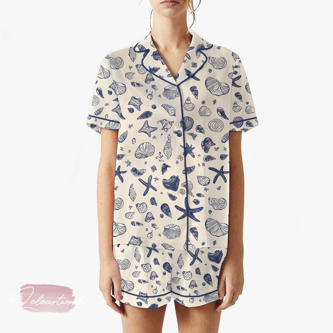 Sea Shell Art Pajama Set – Nautical Blue Seashell Short Sleeve ...