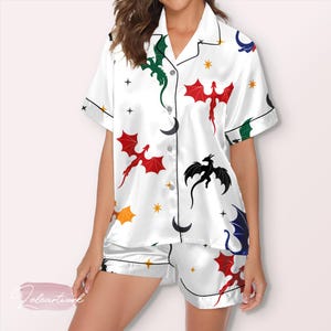 Fantasy Dragon Pajama Set – Satin Short Sleeve Sleepwear with Colorful Dragon & Star Print