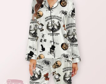 Trick Or Treat Vintage Halloween Pajama – Spooky Ouija-Inspired Satin Sleepwear with Skulls, Cats & Pumpkins