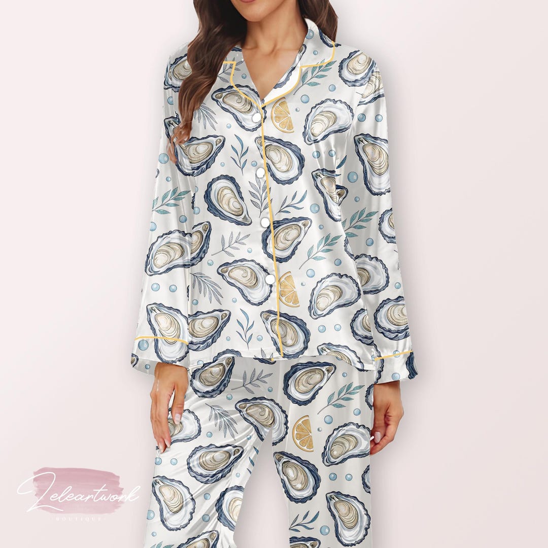 Oyster Print Pajama Set – Satin Long Sleeve Seafood Lover Sleepwear ...