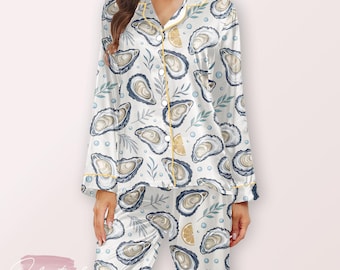 Oyster Print Pajama Set – Satin Long Sleeve Seafood Lover Sleepwear with Coastal Ocean Theme