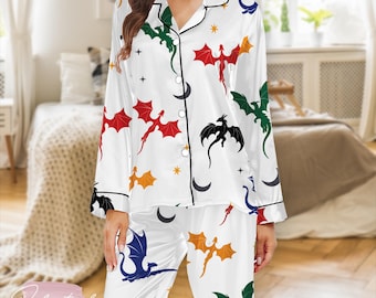 Pijama de dragón de fantasía: pijama de satén de manga corta con estampado colorido de dragón y estrella.