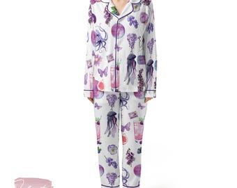 Lila kollektionsset | Silkeslen satinpyjamaset för kvinnor | Estetiska lila mönstrade sovkläder | Sommarmyskläder i present | Pastellviolett lounge