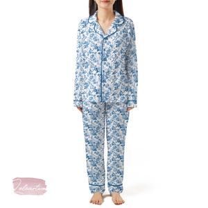 Liberty Blue Flower Set | Silky Satin Pajama Set for Women | Vintage Floral Toile Sleepwear | Blue and White Cottagecore Gift