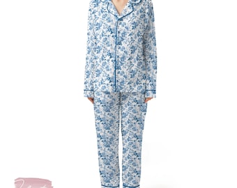 Conjunto de flores azules Liberty / Pijama de satén sedoso para mujer / Pijama vintage con estampado floral / Regalo cottagecore azul y blanco