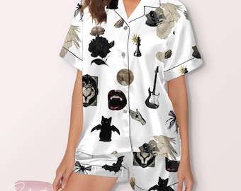 Gothic vampierpyjamaset – satijnen nachtkleding met lange mouwen met schedels, vleermuizen en donkere esthetische print