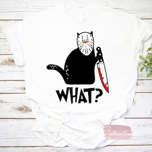Jason Voorhees Cat What Murderous Cat Holding Knife Halloween T-Shirt, Jason Voorhees Shirt, Halloween Shirt, Black Cat Shirt