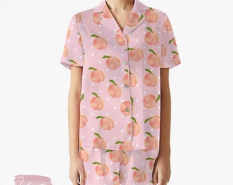 Peach Peel Set | Silky Satin Pajama Set for Women | Cute Fruit Print Lounge Set | Pink Peach Polka Dot Sleepwear | Summer Gift Idea
