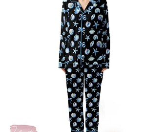 Coquette Blue Bow Ocean Satin Pajama Set for Women | Seashell & Starfish Print Sleepwear | Summer Aesthetic Gift