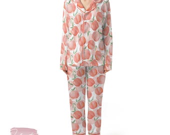 Pink Peach Set | Silky Satin Pajama Set for Women | Watercolor Fruit Print Sleepwear | Summer Lounge Set | Peach Aesthetic Gift