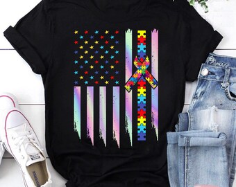 Camiseta de la mamá de la conciencia del autismo, camiseta del autismo, camiseta de la conciencia del autismo, camiseta de la bandera de América, regalo del día de la madre