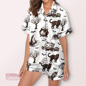 Bewitched Vintage Pajama – Retro Halloween Cat, Cauldron & Pumpkin Print Sleep Set | Spooky Autumn Loungewear for Women