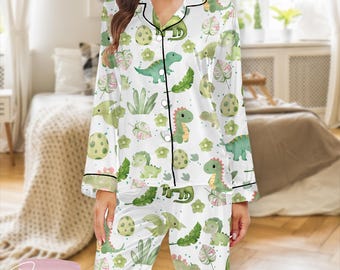 Cute Dinosaur Pajama Set – Satin Short Sleeve Sleepwear with Adorable Dino Print, Cozy Women’s Loungewear & Gift
