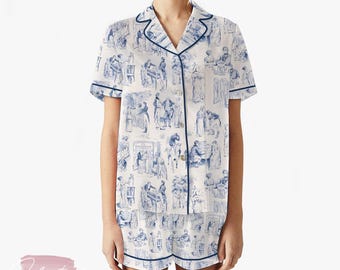Pride and Prejudice Fanart | Silky Satin Pajama Set for Women | Jane Austen Toile Print Sleepwear | Literary Loungewear Gift