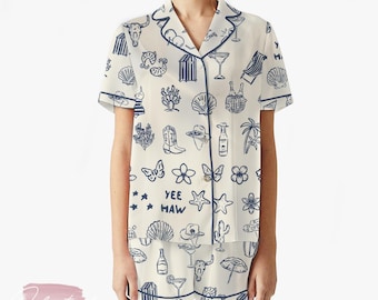 Cowboy Collection Art Pajama Set – Western Coastal Short Sleeve Sleepwear, Yeehaw Loungewear Gift for Cowgirl Vibes