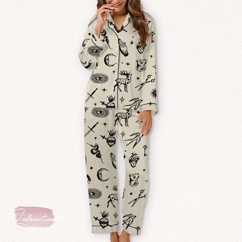 Dark Academia Set – Gothic Satin Pajamas With Symbolic Illustrations ...
