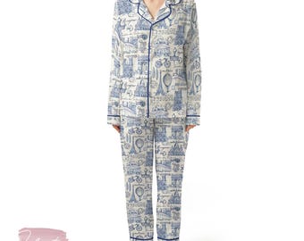 Paris Merci Vintage Set | Silky Satin Pajama Set for Women | French Toile Sleepwear | Blue Paris Print Lounge Set | Gift for Francophiles